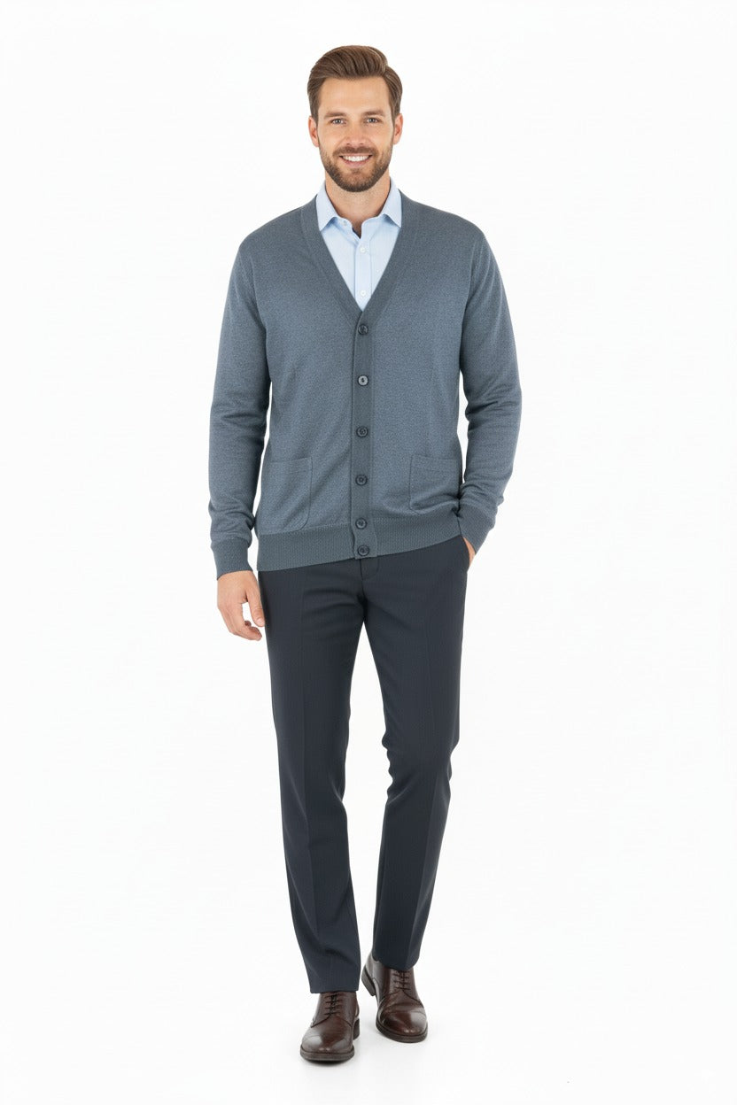 Erkek V Yakalı Düğmeli Cepli Klasik Model Rahat Kesim Tam Kalıp Yünlü Dokuma Hırka